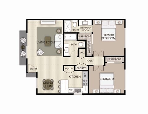 Floor plan for 2 beds, 2 baths, 1140 sqft